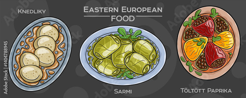 Popular Eastern European Traditional Food Set. Hand-drawn vector illustration on a dark background