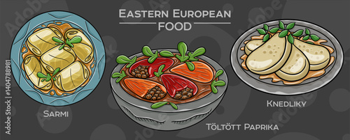 Popular Eastern European Traditional Food Set. Hand-drawn vector illustration on a dark background