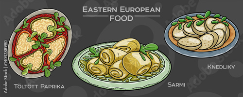 Popular Eastern European Traditional Food Set. Hand-drawn vector illustration on a dark background