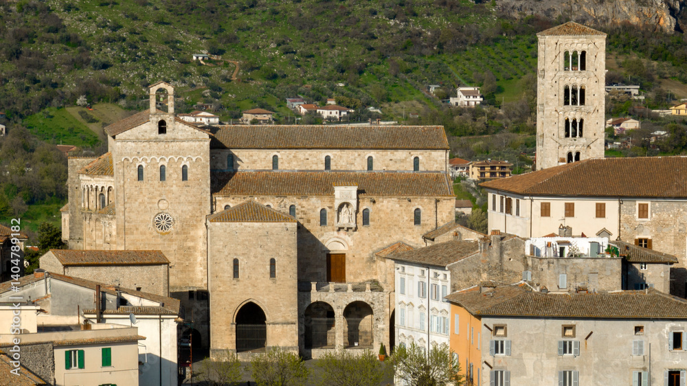 Aerial view of the cathedral of the town of Anagni which is located in the province of Frosinone in Lazio, Italy. It is a Marian church dedicated to the Annunciation of the Blessed Virgin Mary.