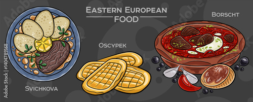 Popular Eastern European Traditional Food Set. Hand-drawn vector illustration on a dark background