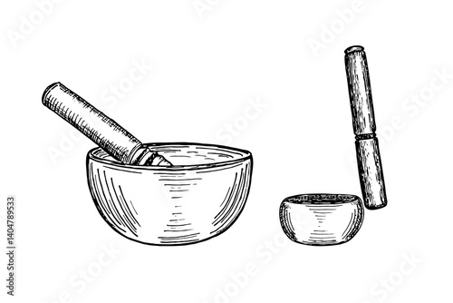 Singing bowl for meditation, relaxation, sound therapy drawing illustration set. Singing bowl with a wooden stick, traditional Tibetan instrument sketch engraving style vector. Hand drawn line art