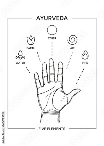 Ayurveda five energies on a hand palm infographic vector illustration poster. Indian alternative medicine. Ayurvedic human body types system, information illustration