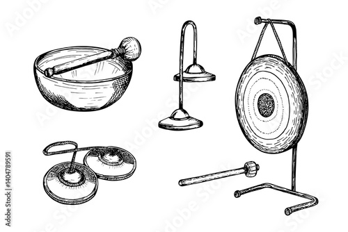Gong with a hammer, tingsha, singing bowl, musical instrument drawing illustration. Traditional Chinese instruments sketch engraving style vector. Hand drawn line art clipart