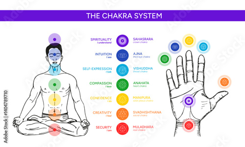 Chakras on a hand palm infographic vector illustration. Silhouette of male human body in a lotus position with names, titles, line art symbol icons of chakra system information