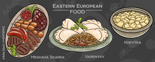 A set of popular Eastern European traditional foods. Vector illustration, hand-drawn and presented on a dark background