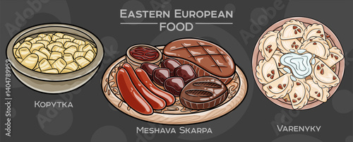 A set of popular Eastern European traditional foods. Vector illustration, hand-drawn and presented on a dark background