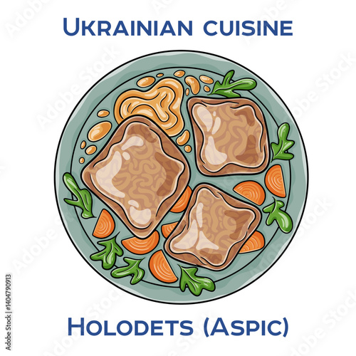 Holodets is a traditional Ukrainian dish made from meat stock, garlic, and spices, solidified with gelatin.