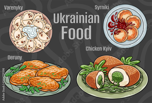 Popular Ukrainian Traditional Cuisine Set. Hand-drawn vector illustration on a dark background.