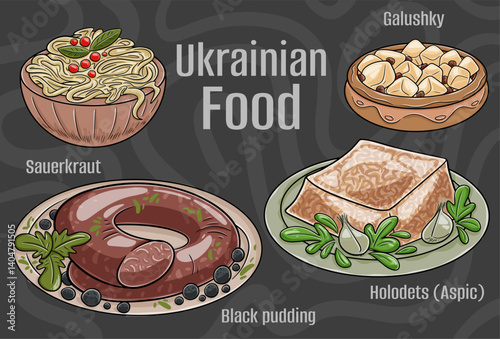 Popular Ukrainian Traditional Cuisine Set. Hand-drawn vector illustration on a dark background.