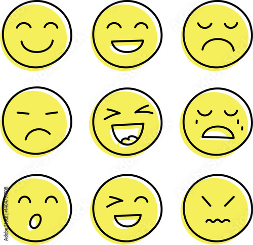 Set of smiles with emotions, hand drawn collection