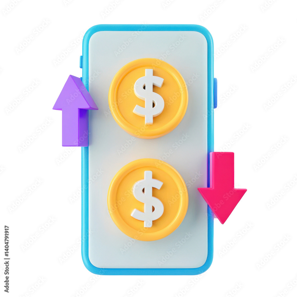 A mobile device featuring dollar sign buttons with upward and downward arrows, symbolizing financial transactions or market trends. A mobile device featuring dollar sign buttons with upward and downward arrows, symbolizing financial transactions or market trends.