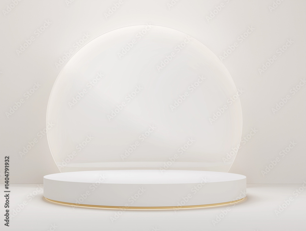 The white podium is circular, with a smooth, white surface and a subtle gold trim around the edge, adding a touch of luxury. The white podium is circular, with a smooth, white surface and a subtle gold trim around the edge, adding a touch of luxury.