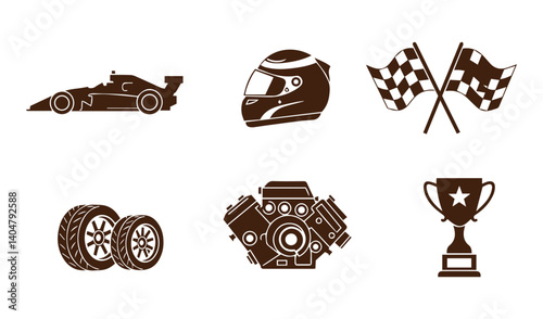 Artistic depiction of motorsport finish line featuring racing speed cars and checkered flag

