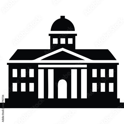 Classic government building icon, black silhouette.