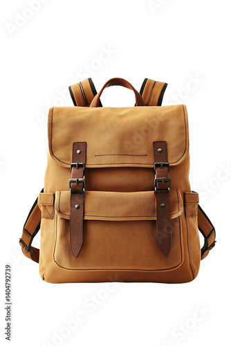 A canvas backpack in earthy tones, isolated on white background