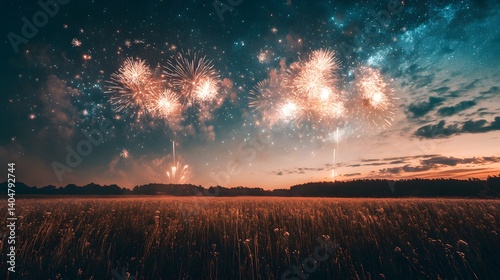 An open field with fireworks illuminating the night above