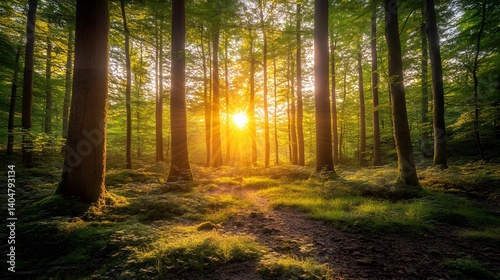 Wallpaper Mural A soft glowing light filtering through a forest at sunrise Torontodigital.ca