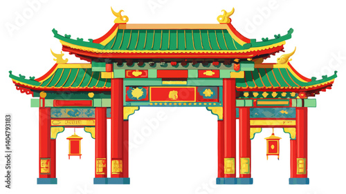 Vibrant Chinese Gate Red Green Pagoda Style Arch Detailed Illustration Bold Colors Traditional