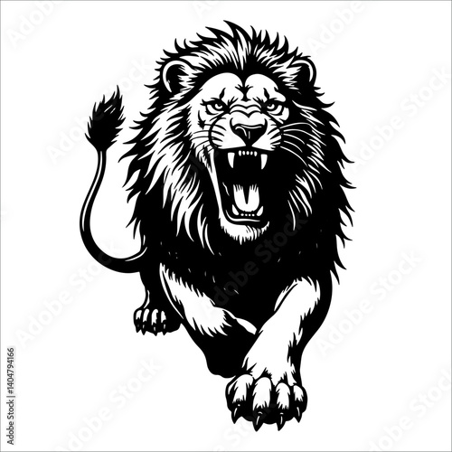 Roaring lion illustration in black and white, fierce wild animal tattoo design, strong jungle king mascot or logo vector isolated on white background.