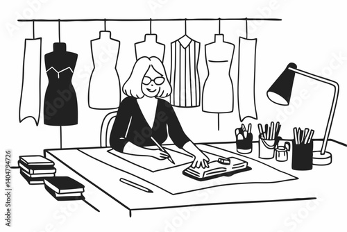 Senior mature elegant female fashion designer drawing sketches in studio office. Middle aged stylish grey-haired older woman small business owner creating new fashion design clothes in atelier