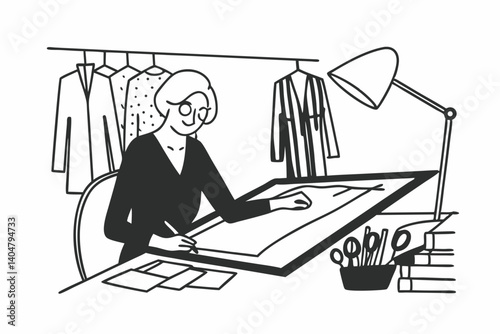 Senior mature elegant female fashion designer drawing sketches in studio office. Middle aged stylish grey-haired older woman small business owner creating new fashion design clothes in atelier
