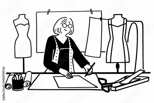 Senior mature elegant female fashion designer drawing sketches in studio office. Middle aged stylish grey-haired older woman small business owner creating new fashion design clothes in atelier