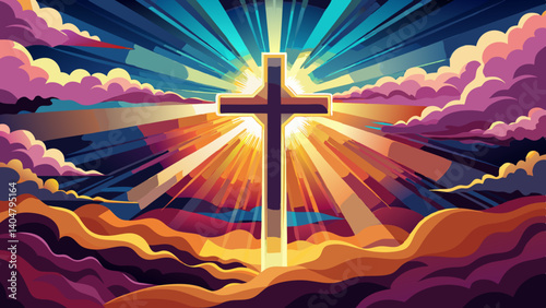 cross with radiating light in colorful cloudy sky