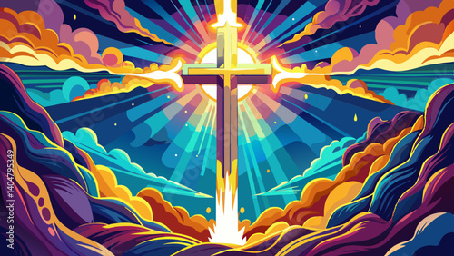cross with radiating light in colorful cloudy sky
