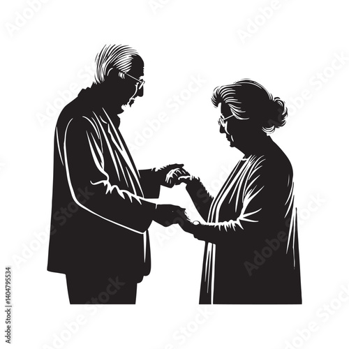 Old Couple Holding Hands Silhouette - Minimalist Old Couple Holding Hands Vector - Old Couple Holding Hands  Design - Old Couple Holding Hands  Art - Old Couple Holding Hands  Illustration.