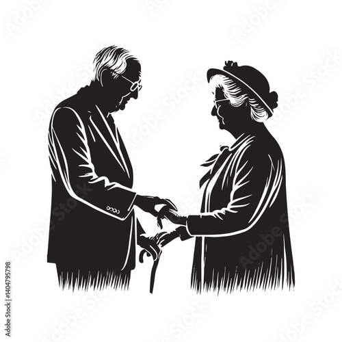 Old Couple Holding Hands Silhouette - Minimalist Old Couple Holding Hands Vector - Old Couple Holding Hands  Design - Old Couple Holding Hands  Art - Old Couple Holding Hands  Illustration.