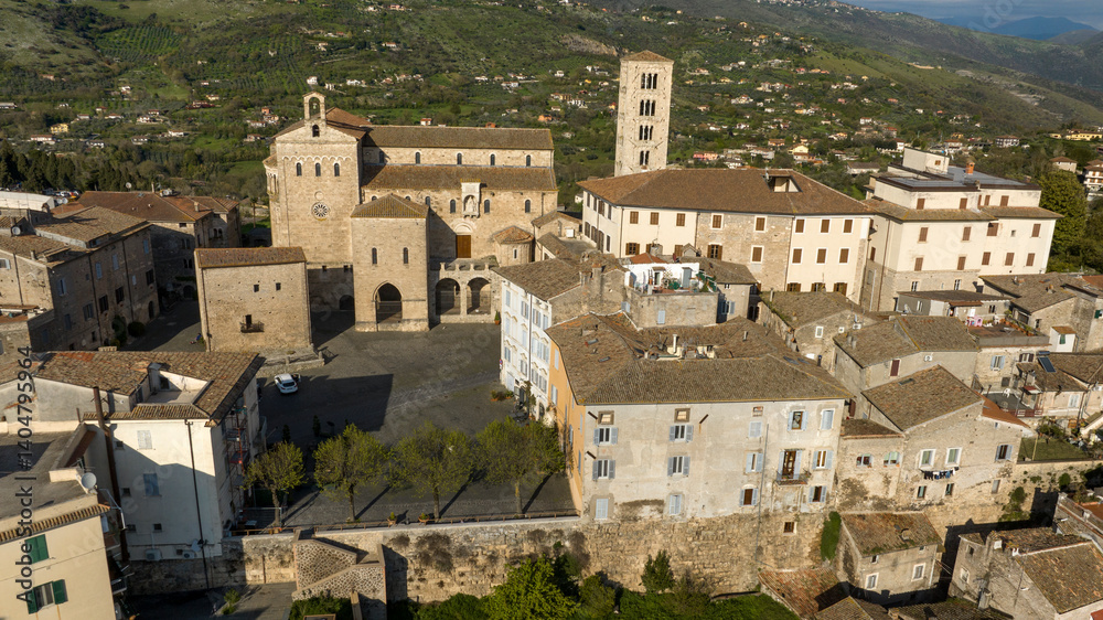 Aerial view of the cathedral of the town of Anagni which is located in the province of Frosinone in Lazio, Italy. It is a Marian church dedicated to the Annunciation of the Blessed Virgin Mary.