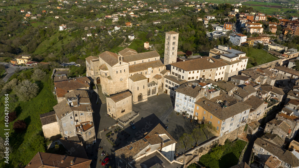 Aerial view of the cathedral of the town of Anagni which is located in the province of Frosinone in Lazio, Italy. It is a Marian church dedicated to the Annunciation of the Blessed Virgin Mary.