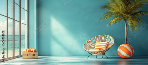 3D Beach Scene with Chair, Palm Tree, Picnic Box and Ball on Blue Background
