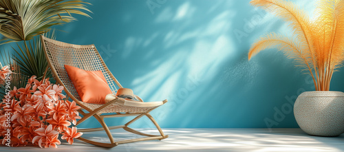 3D Beach Scene with Chair, Palm Tree, Picnic Box and Ball on Blue Background