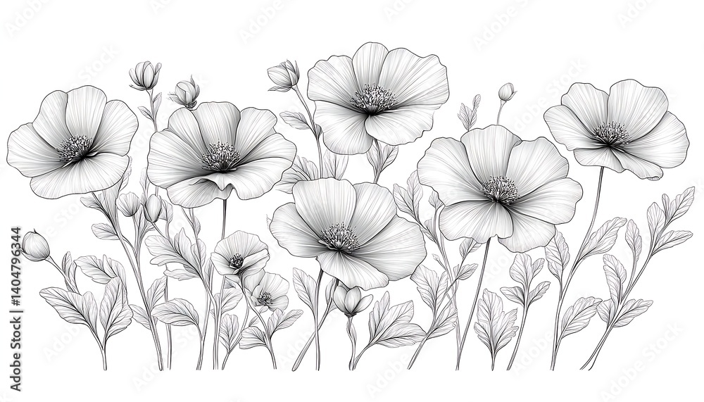 Fototapeta premium Black and white flowers botanical drawing