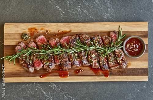 Sliced steak with rosemary, sauce, and garnish photo
