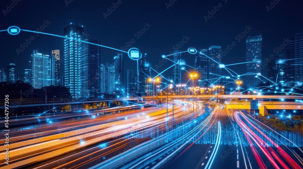 Fototapeta premium Nighttime cityscape with illuminated traffic and digital connectivity overlay in urban setting