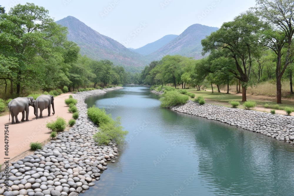 Fototapeta premium A small river flowing through the sanctuary with elephants nearby