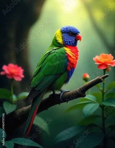 Vibrant Rainbow Lorikeet Perched on Branch, Nature's Artistry