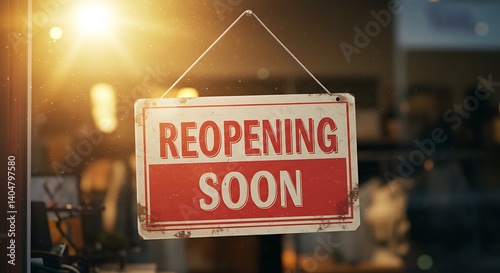 Reopening Soon Sign in Shop Window: A Golden Hour Announcement AI Generated