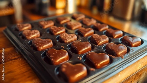 Delicious homemade heartshaped chocolates cooling in a kitchen tray
