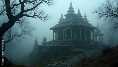 Hilltop forest temple in fog