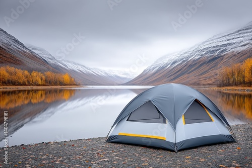 A tent pitched beside a remote mountain lake with clear reflections