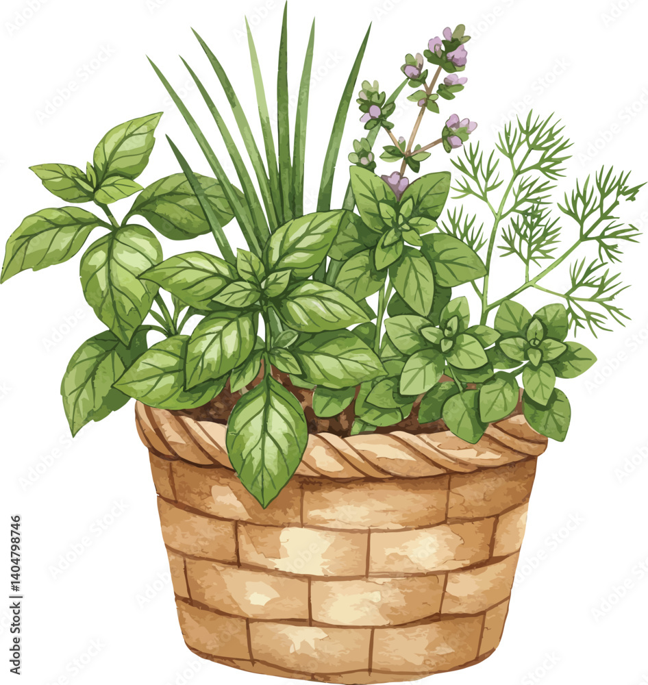 Fresh green basil leaves of a potted herb plant show natural growth isolated background