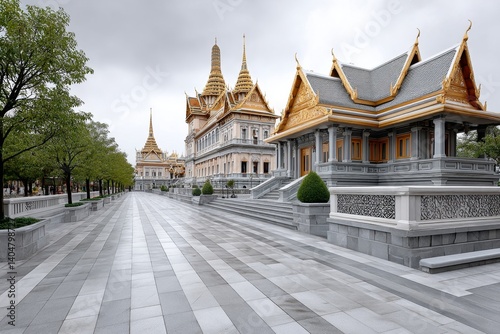 A wide-angle view of Wat Phra Kaew with golden spires and ornate roofs