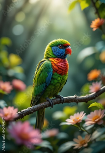 Vibrant Rainbow Lorikeet Perched Among Blossoms