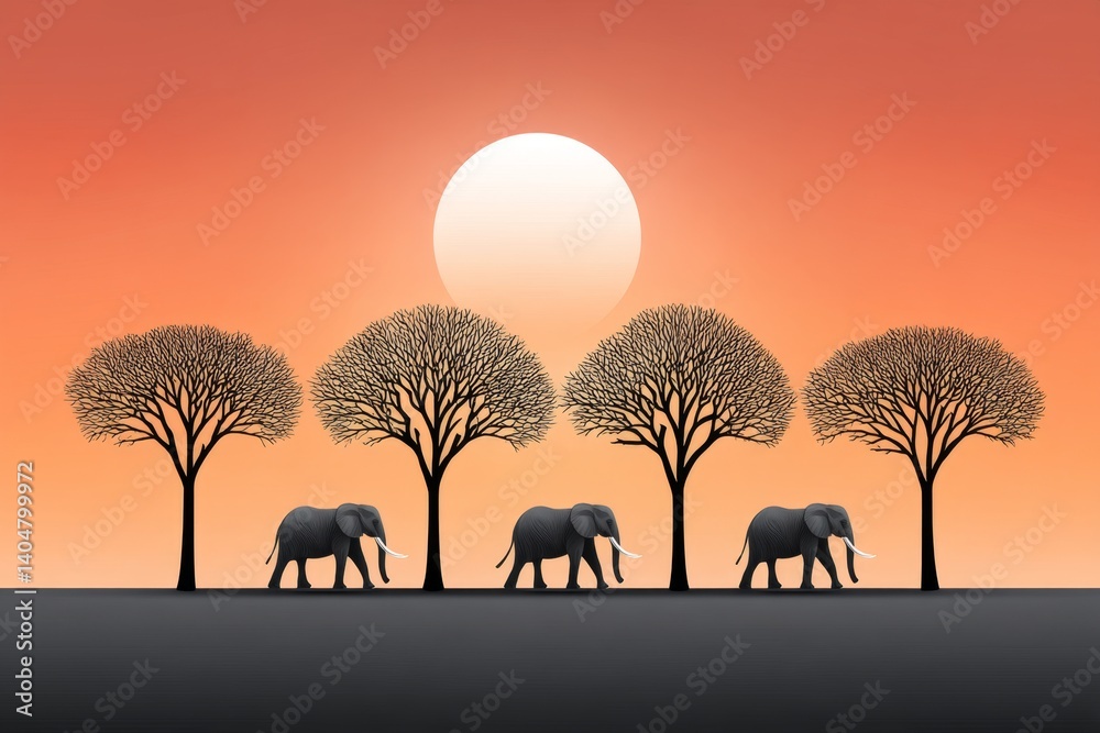 Flat vector of elephant herd against a sunset silhouette Flat vector of elephant herd against a sunset silhouette