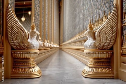 Golden Garuda statues lining the base of the ordination hall