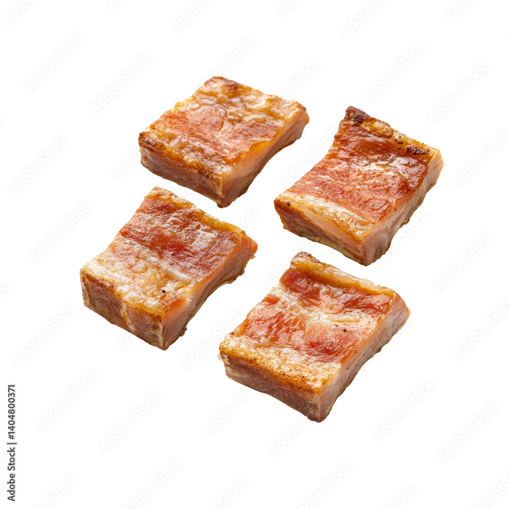 Four Pieces of Delicious Smoked Meat Cubes, Close-Up Studio Shot Four Pieces of Delicious Smoked Meat Cubes, Close-Up Studio Shot